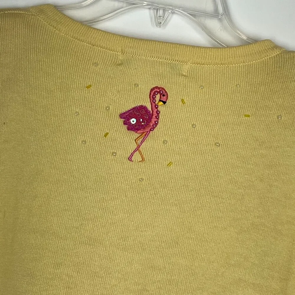 Vintage Jack B Quick Cardigan Womens XL Yellow Beaded Flamingo Sweater Vacation